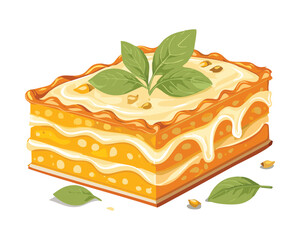 A delicious slice of layered pumpkin lasagna, topped with creamy sauce and fresh basil, a perfect dinner meal - Vector Illustration