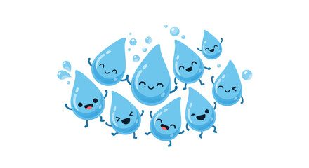 Happy Cartoon Blue Water Droplets Dancing Together.