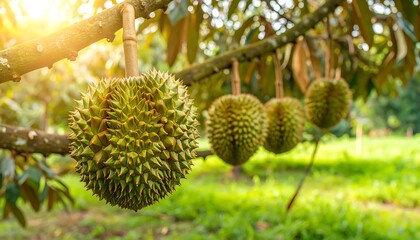 Durian fruit hanging from branches (1)