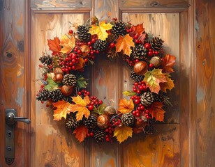 Herbstliche Dekoration – Türkranz mit Blättern, Kastanien und Beeren.