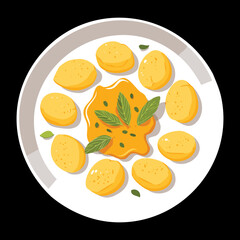 Delicious golden dumplings filled with sweet apricots, served on a plate with a simple butter sauce - Vector Illustration