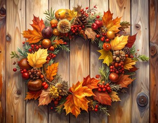 Herbstliche Dekoration – Türkranz mit Blättern, Kastanien und Beeren.