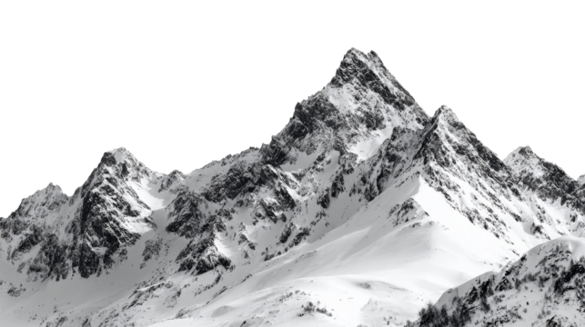 Snowy mountain peak with steep ridges in winter isolated on transparent background