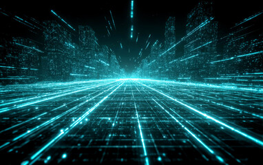 Obraz premium Futuristic cityscape with digital lines and glowing lights