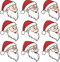 Set of santa claus head. Santa faces set. Christmas claus character set. Cute funny santa claus. Saint nick head for Christmas cards, banners, labels.