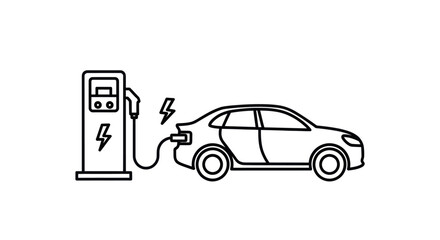 A simple line art icon of an electric car plugged into a charging station with a power symbol.
