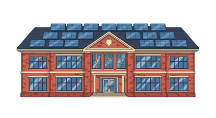 Modern Brick School Building with Rooftop Solar Panels.