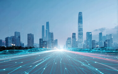 Obraz premium Smart City with Connected Roads and Modern Skyscrapers
