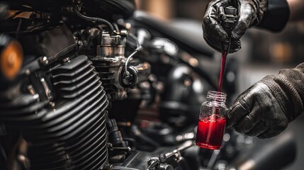 Skilled mechanic carefully pours red fluid into vintage motorcycle engine for maintenance