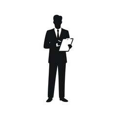 Silhouette of businessman writing on clipboard on white