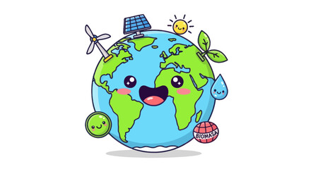 Smiling Cartoon Earth with Renewable Energy Elements.