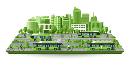 Isometric Green City Model with Eco-Friendly Public Transport and Buildings.
