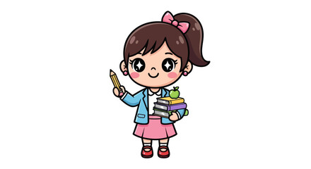 Cute cartoon schoolgirl with ponytail pink bow holding pencil books and apple.
