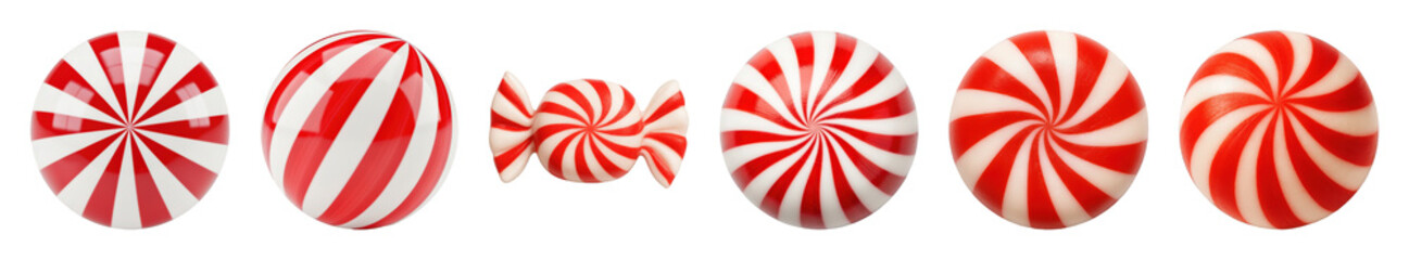 Peppermint candy set including round, spiral, and wrapped variations isolated. Holiday confectionery collection.