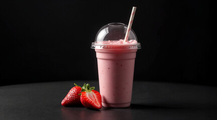 Strawberry shake in clear cup on black surface with sliced berry, 3D render