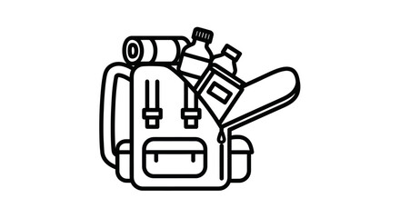 Line art illustration of a packed backpack for travel or hiking.