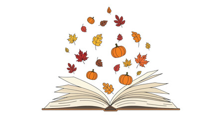 Open book with falling autumn leaves and pumpkins symbolizing seasonal stories and knowledge.
