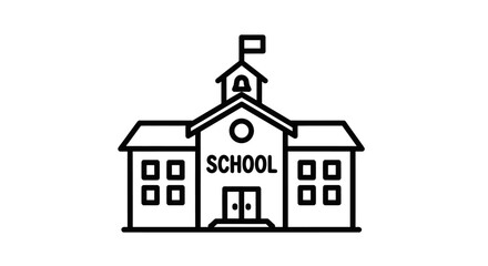 Simple Line Art School Building Icon with Bell Tower and Flag.