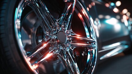 Sleek chrome car wheel gleams with vibrant neon lights reflecting off its polished surface