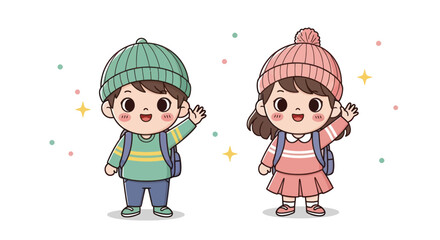 Adorable Cartoon Boy and Girl in Winter Outfits Waving.