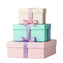 Obraz premium Stack of three pastel colored gift boxes tied with ribbon and bows isolated on transparent background