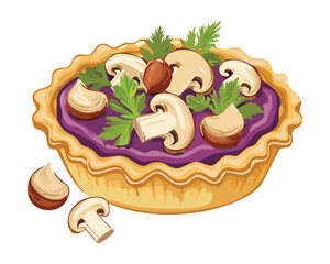 Beautifully presented mushroom and cheese pie with a savory purple crust and fresh herbs - Vector Illustration