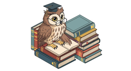 Wise Owl Professor with Graduation Cap on Stack of Books.
