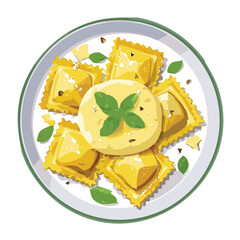 Delicious handcrafted ravioli with a fresh green filling, topped with cheese and fresh herbs - Vector Illustration