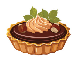 A decadent chocolate tart topped with a swirl of cream and fresh hazelnut - Vector Illustration