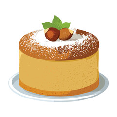 A delicious layered dessert cake with creamy filling and topped with a whole hazelnut - Vector Illustration
