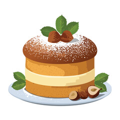 A layered dessert cake with creamy filling and topped with cocoa powder - Vector Illustration