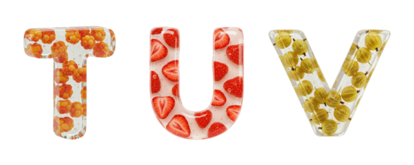 Fruit Alphabet. A set of letters T, U, V. Realistic letter shape made of colorless gel with berries inside on a transparent background.