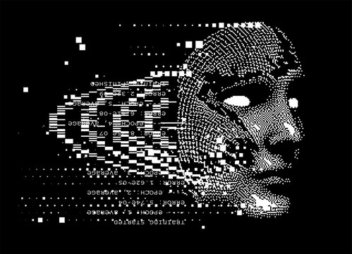 Black and white vector illustration in glitch art and ASCII art style, featuring a human face dissolving into pixelated squares and digital code fragments. Theme: technology, AI, digital error.