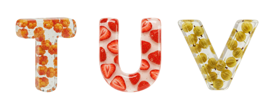 Fruit Alphabet. A set of letters T, U, V. Realistic letter shape made of colorless gel with berries inside on a transparent background.