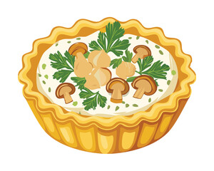 A savory tart with a golden crust, filled with a creamy mushroom filling and topped with sliced almonds - Vector Illustration