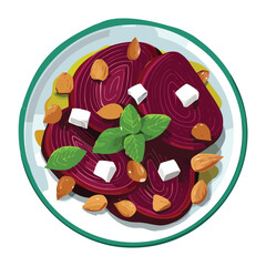 A fresh and healthy salad with roasted beetroot, crumbled feta cheese, pine nuts, and fresh mint - Vector Illustration