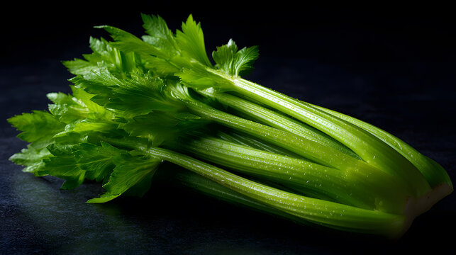 Fresh Celery on Dark Backdrop: A fresh, vibrant bunch of celery, with its crisp green stalks and leafy tops, is artfully presented against a dark backdrop, enhancing its natural colors and textures.