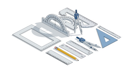 Drafting Tools Set: Rulers Compasses Protractor and Pencil for Technical Drawing.