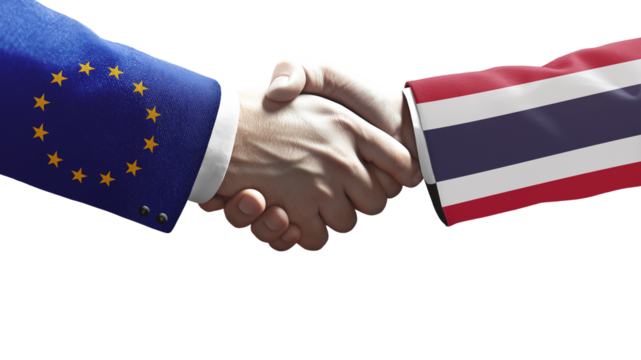 Handshake between European Union and Thailand symbolizing diplomacy, cooperation, trade, and international relations.
