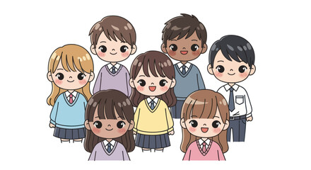 Group of Cute Cartoon School Children in Uniform.