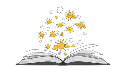 Open Book with Suns Stars and Clouds Emerging.