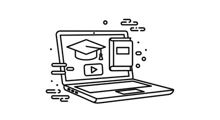 Digital Learning Laptop with Graduation Cap and Book Icon.