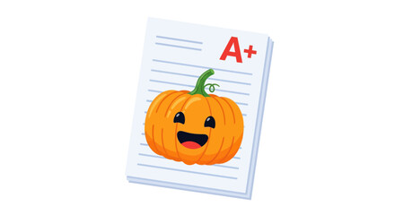 A cheerful cartoon pumpkin illustration on a school paper with a perfect A grade.
