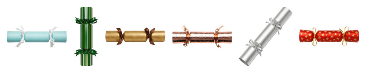 Christmas cracker set including festive colored, patterned, and metallic designs with ribbons isolated. Holiday celebration and party decorations.