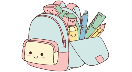 Adorable Pastel Cartoon Backpack Filled with Smiling School Supplies.