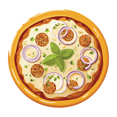 A freshly baked savory pizza with a light crust, topped with sliced onions, black olives, and fresh herbs - Vector Illustration