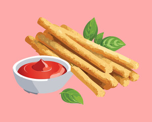 A vibrant pink background highlights a plate of savory baked breadsticks with a bowl of tomato dipping sauce - Vector Illustration