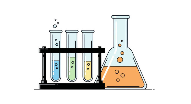 Line art illustration of a chemistry experiment with test tubes in a rack and a bubbling Erlenmeyer flask.