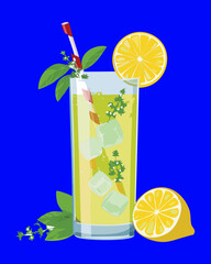 A tall glass of lemonade with ice cubes, a fresh mint sprig, and a lemon slice on a blue background - Vector Illustration
