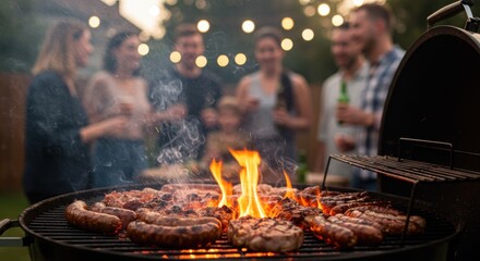 Friends and Family Socializing at a Festive Evening Barbecue Party
